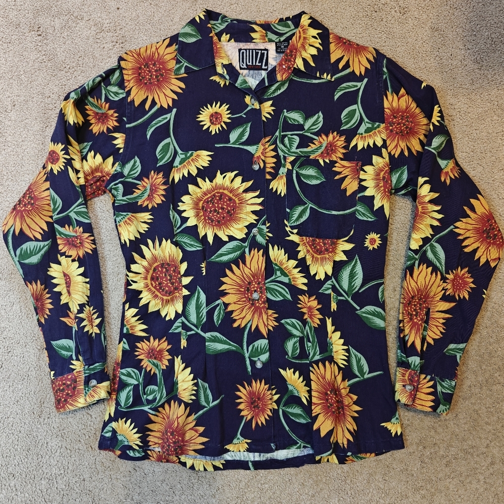 Sunflower Button Down Vintage Quizz Tailored Floral Long Sleeve Women's Medium
